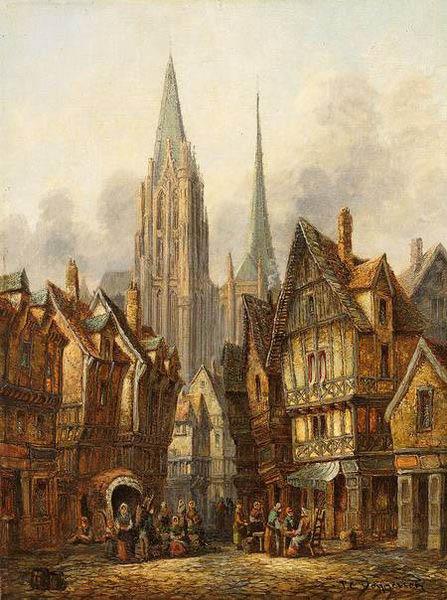 Pieter Cornelis Dommersen A gothic cathedral in a medieval city Sweden oil painting art